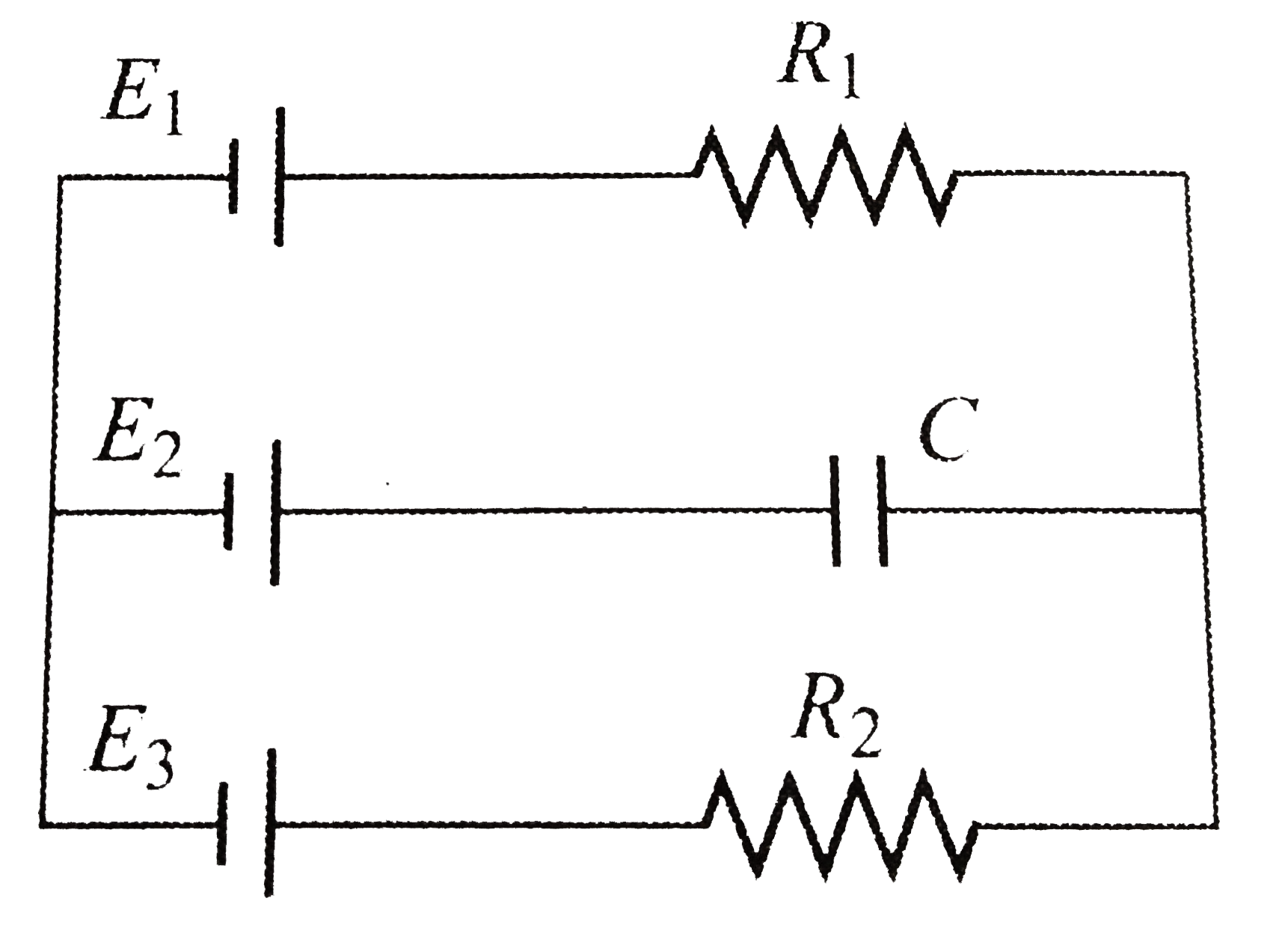In the circuit shown , the batteries have emf E1 = E2= 1V , E3 = 2.5 V, and the resistance R1 = 10Omega, R2 = 20 Omega, Capacitance C = 10 muF. The charge on the left plate of the charge on the left plate of the capacitor C at steady state is