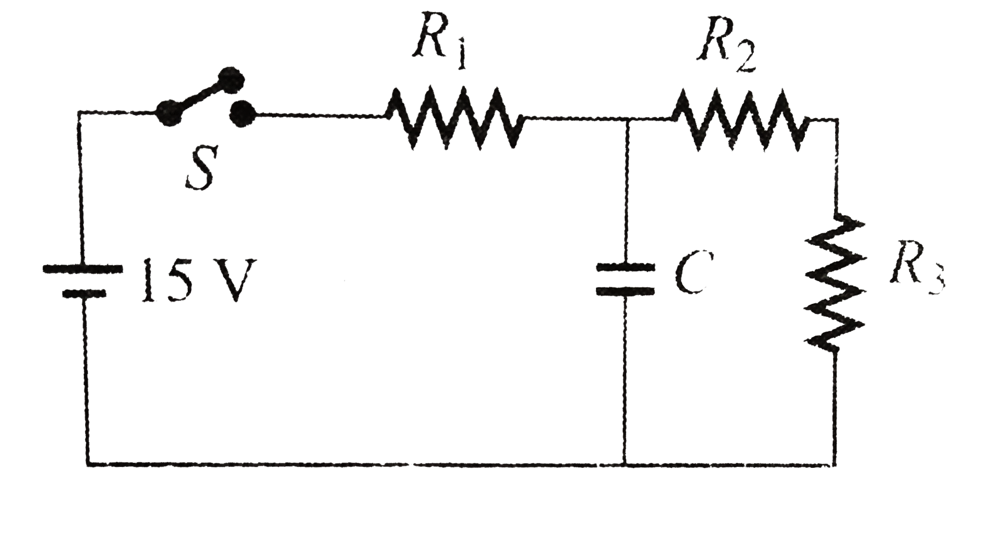Figure shows a battery with emf 15 V in a circuit with R1 = 30Omega, R2 = 10 Omega, R3 = 20 Omega and capacitance C = 10 muF. The switch S is initially in the open position and is then closed at time t= 0. What will be the fimal steady - state charge on capacitor?