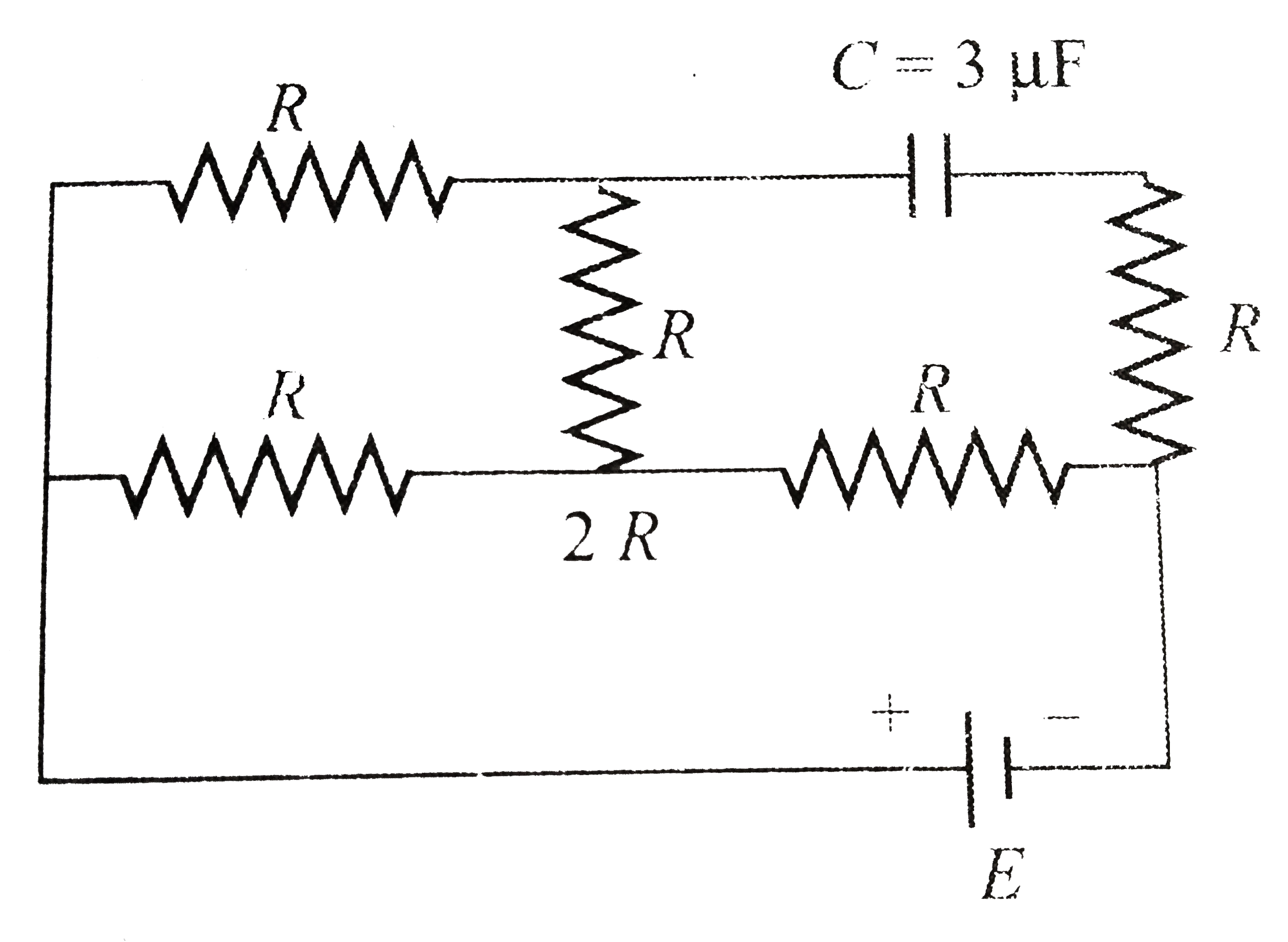 In the given circuit , the potential difference across the capacitor is 12 V. Each resistance is of 3 Omega. The cell is ideal. The emf of the cell is