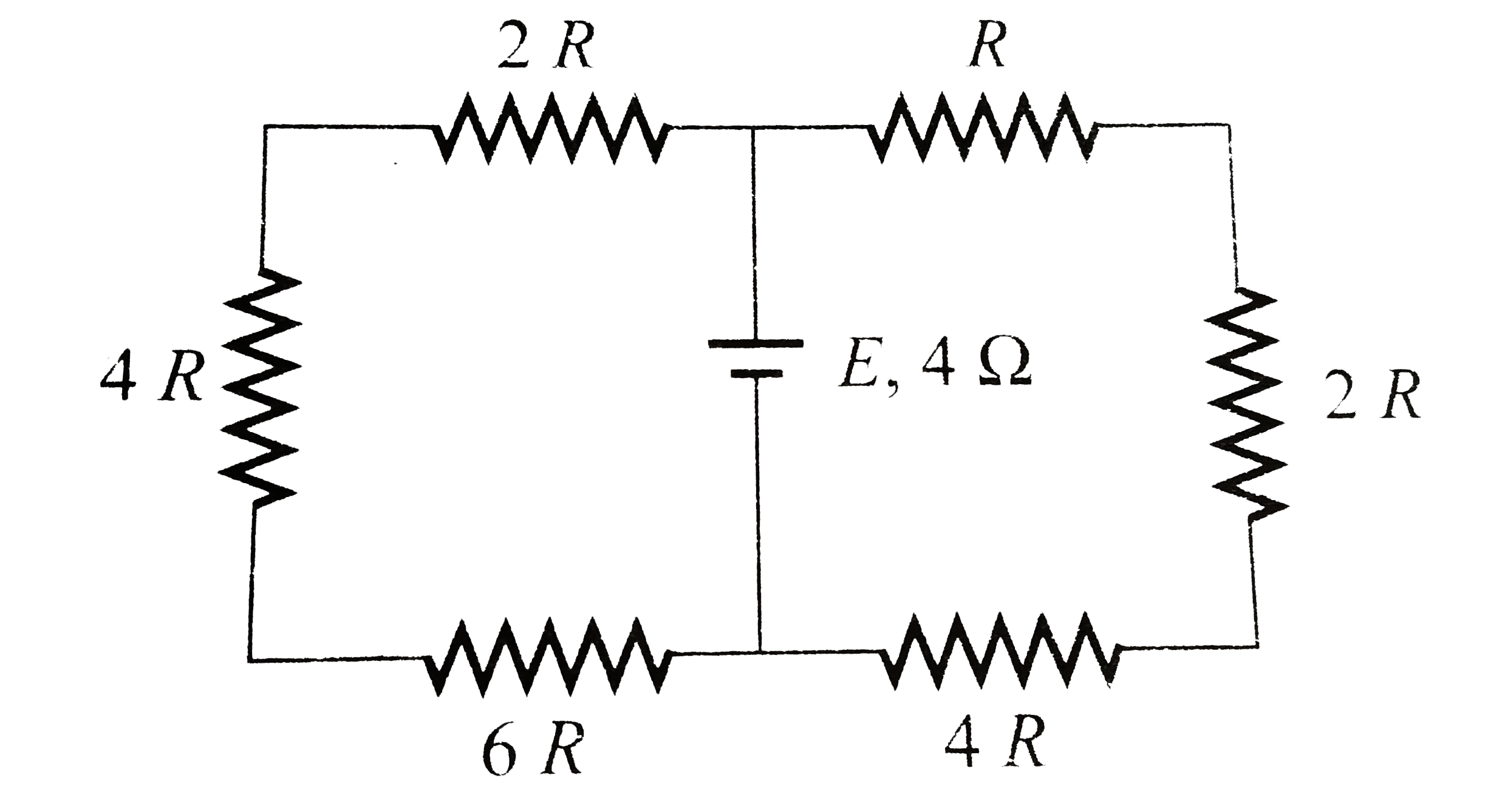 A battery of internal resistance 4Omega is connected to the network of the resistance as shown in figure . If the maximum power can be delivered to the network, the magnitude of resistance in Omegashould be