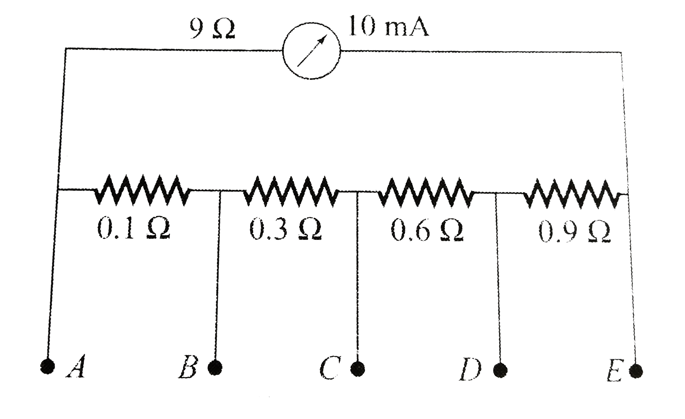 A milli- ammeter of range 10 mA and resistance 9 Omega are joined in a circuit as shown in the fig. The meter gives full scale deflection, when current in the main circuit is I, and A and D are used as terminals. The value of I is