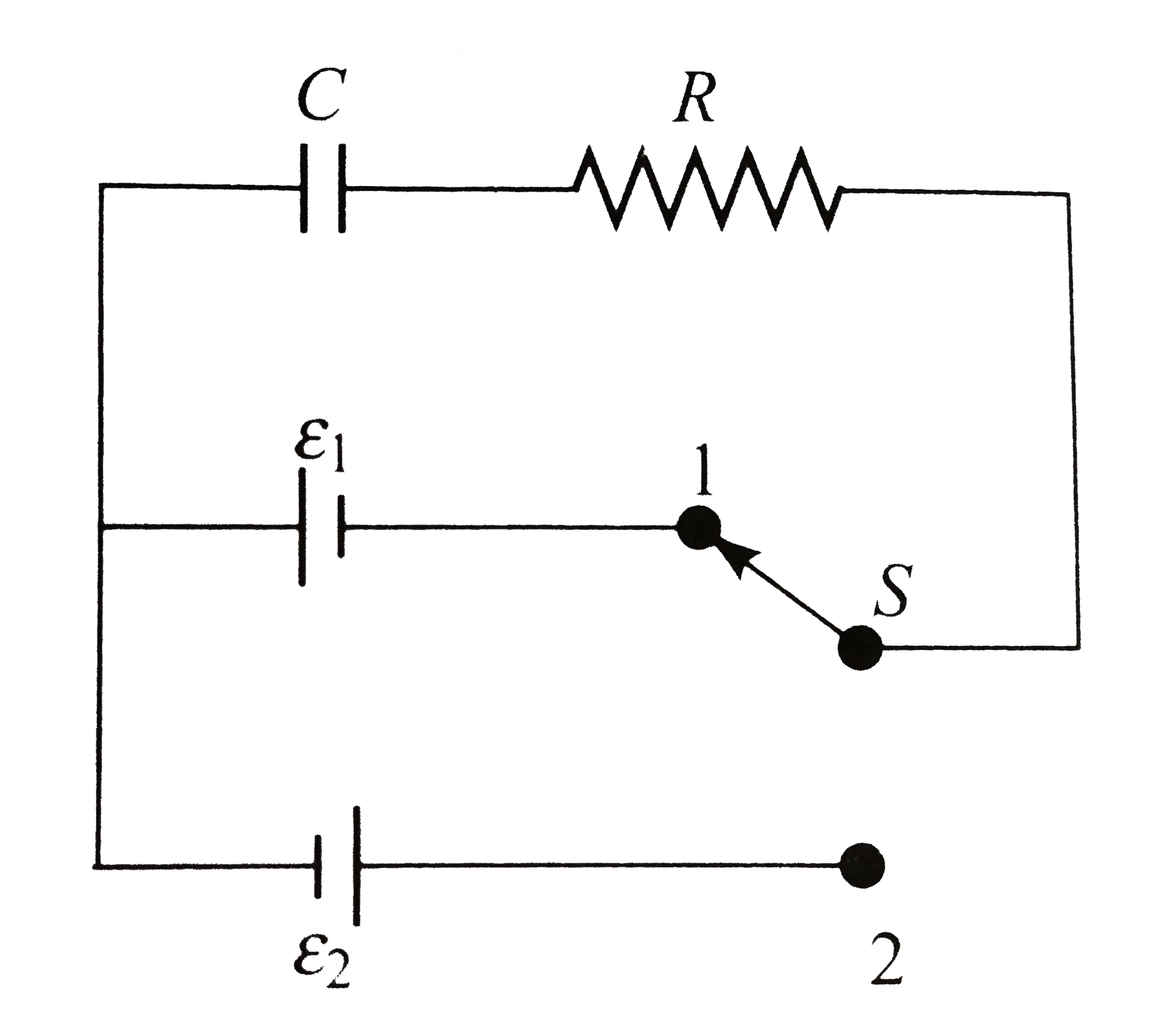 Initially, switch S is connected to position 1 for a long time . The net amount of heat generated in the circuit after it is shifted to position 2 is  .