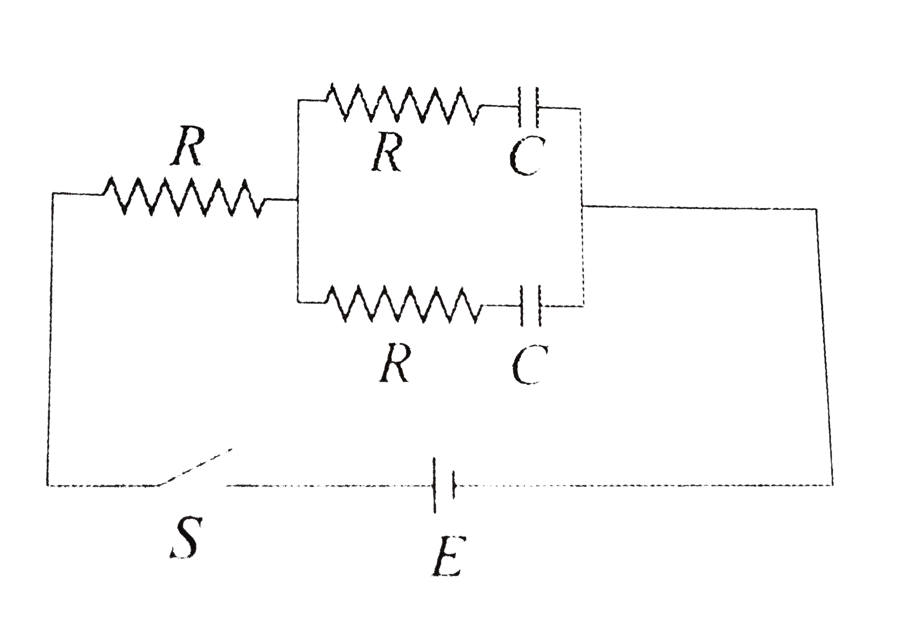 The switch S in the circuit diagram is closed at t = 0. The charge on capacitors at any time is