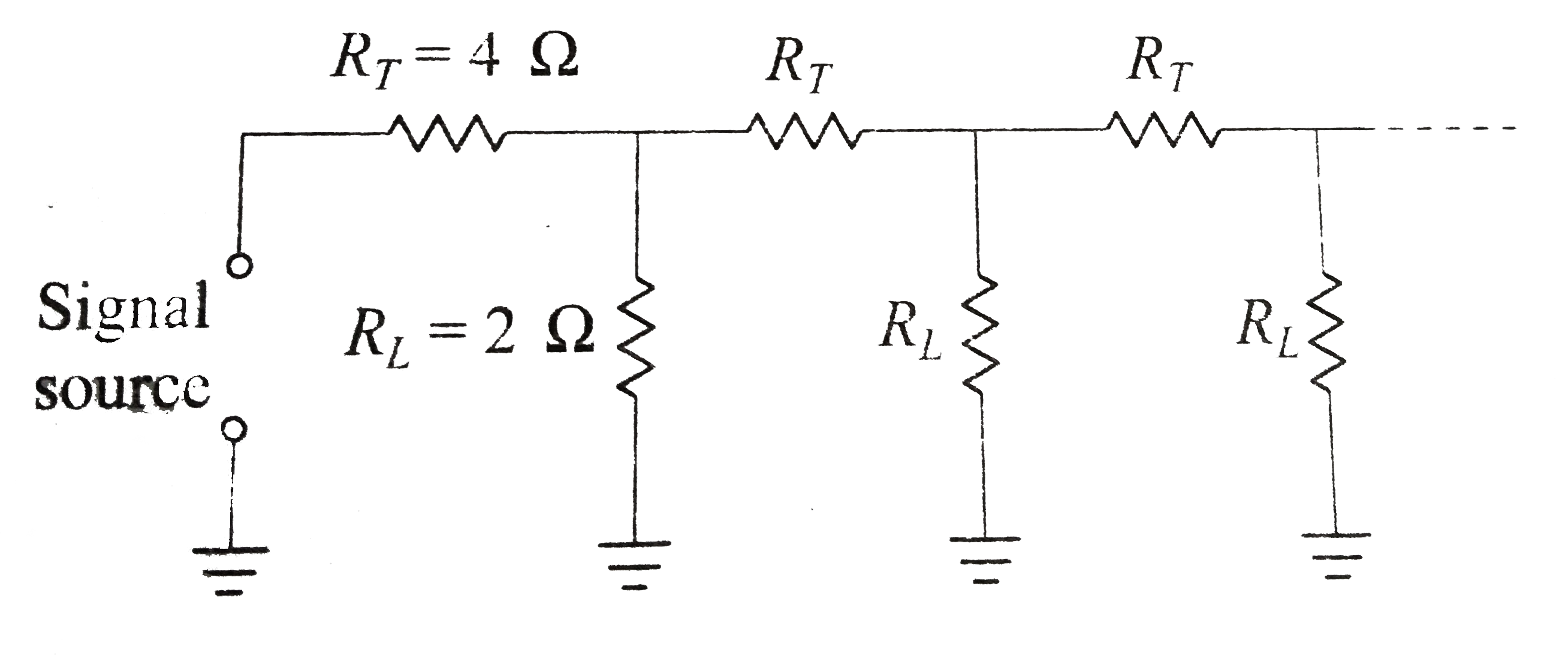 Figure shows a circuit model for the transmission of an electrical signal, such as cable TV, to a large number of subscribers. Each subscriber connects a load resistance RL between the transmission line and the ground. Assume the ground to be at zero potential and to have negligible resistance. The resistance of the transmission line between the connection points of different subscribers is modeled as the constant resistance RT. The equivalent resistance across the signal source is