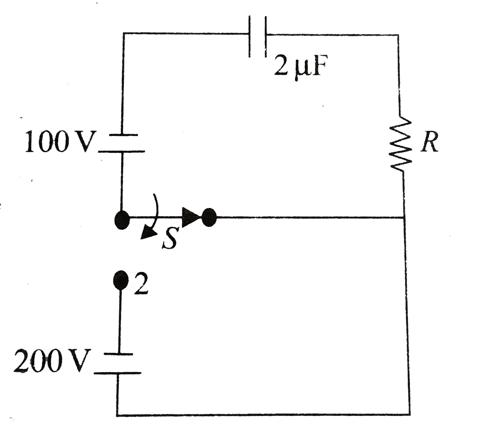 In the circuit shown in the figure, the switch S is in position 1 for a long time. Now the switch is thrown to position 2. Find the total heat developed  in the circuit till the steady state is reached again.