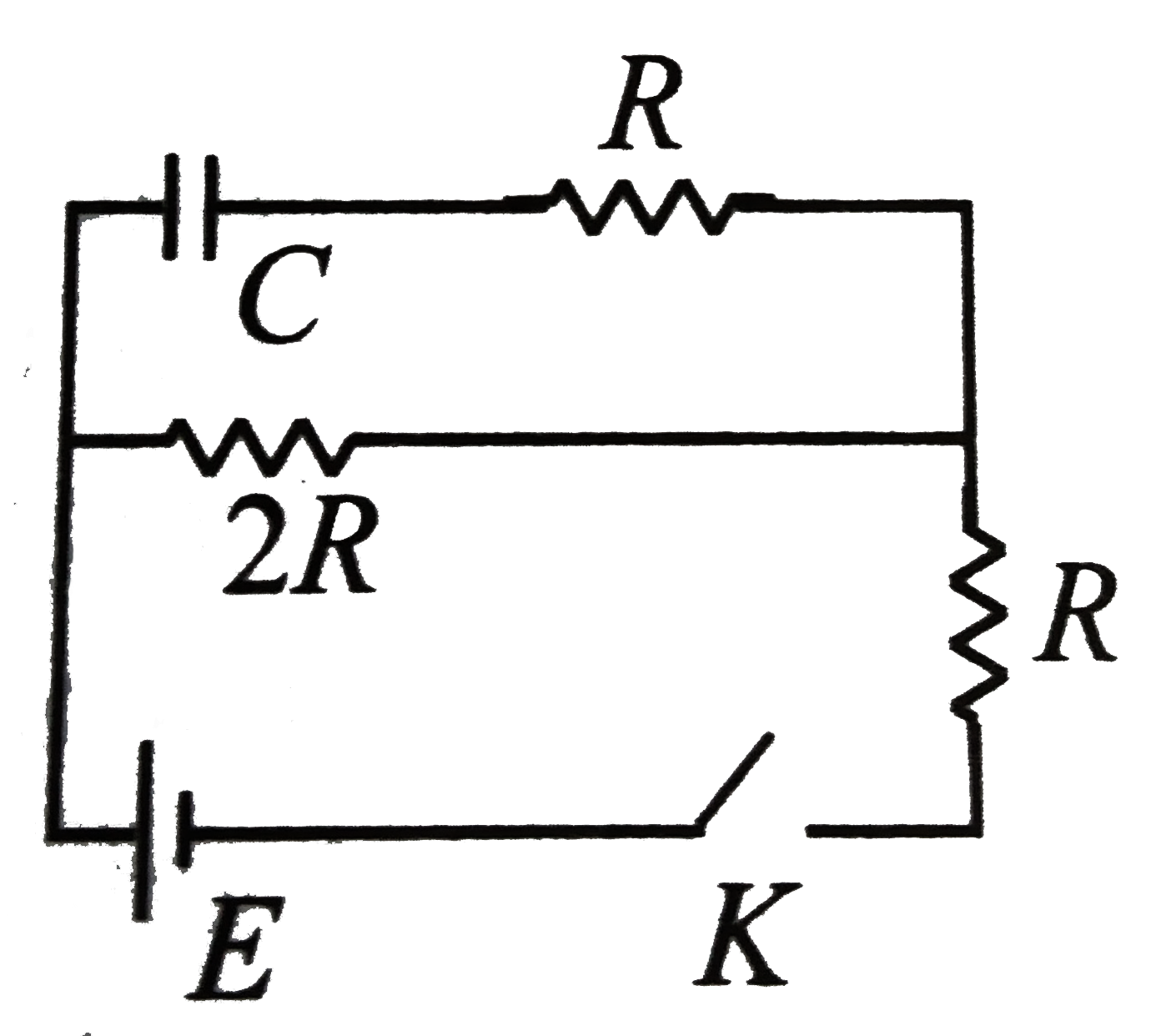 In the given circuit, the capacitor of capacitance C is charged by closing key K at t = 0. Find the time required to charge the capacitor up to the maximum charge for the given circuit, if it were to be charged with the charged with constant initial charging rate at t = 0 in the given circuit.