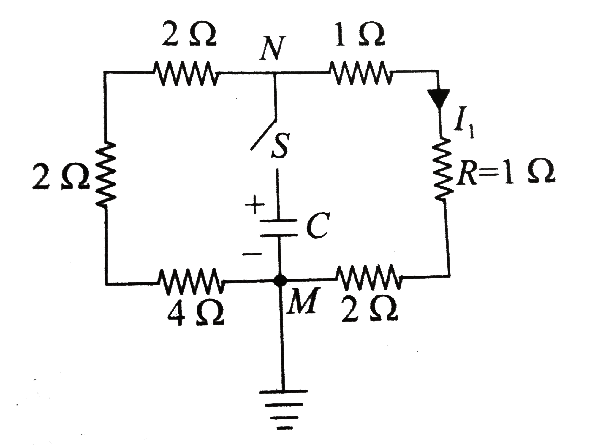 A capacitor of capacity 6muF and initial charge 160muC is connected with key S and resistance as shown in figure. Point M is earthed. If key is closed at t= 0, then the current (I(1) through resistance R (=1