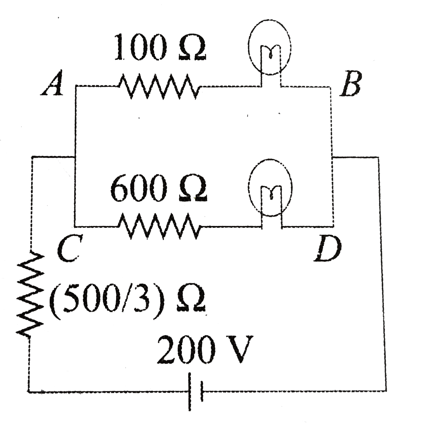 Two bulbs 25W, 100 V (upper bulb in figure) and 100 W, 200 V (lower bulb in figure) are connected in the circuit as shown in figure. Choose the correct answer.