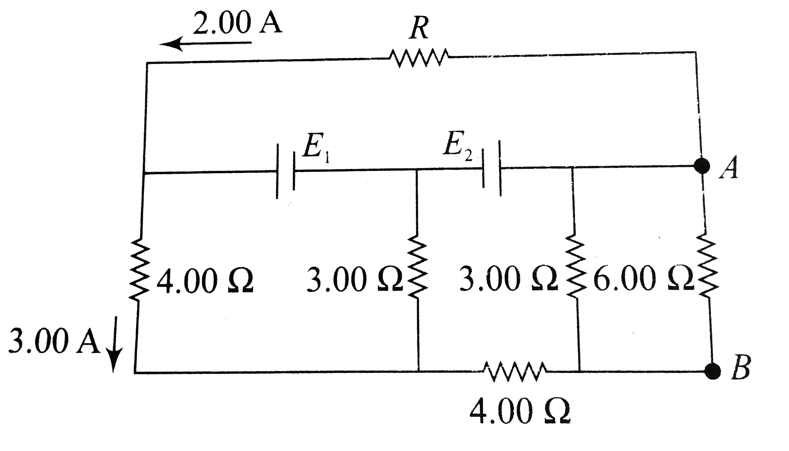 In the circuit shown in figure, E1 and E2 are tow ideal sources of unknown emfs. Some currents are shown. Potential differences appearing across resistance is VA - VB = 10V.