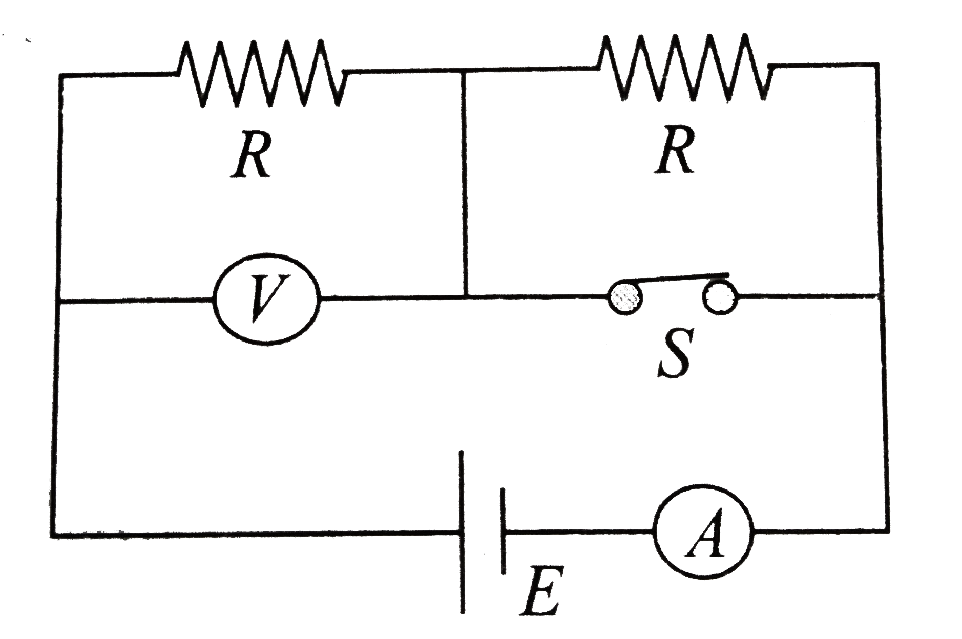In the circuit shown, battery, ammeter , and voltmeter are ideal and the switch S is initially closed as shown. When switch S is opened