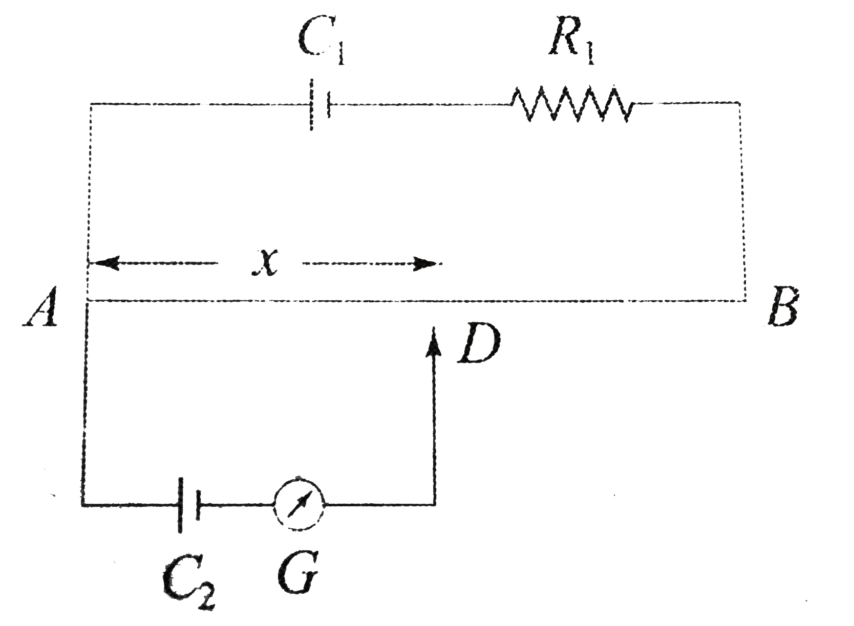 Statement I: In the potentiometer circuit shown in figure. E1 and E2 are the emf of cells C1 and C2, repsectively, with E1gtE2. Cell C1 has negligible internal resistance. For a given resistor R, the balance length is x. If the diameter of the potentiometer wire AB is increased, the balance length x will decrease.      Statement II: At the balance point, the potential difference between AD due to cell C1 is E2 , the emf of cell C2.