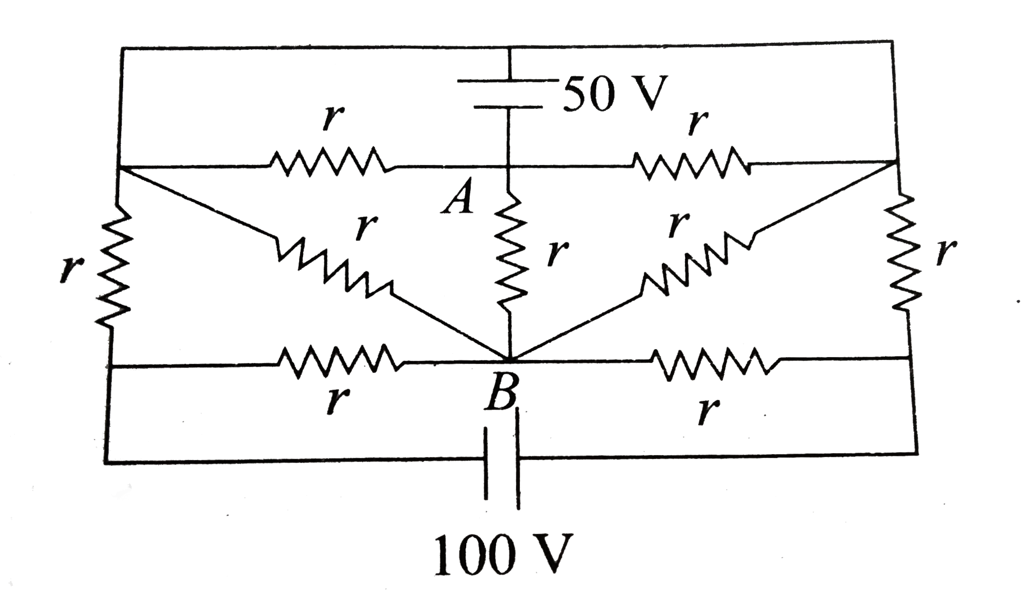 In the given circuit, each resistance is r = 18.75Omega. The current(in A) in the resistance connected across A and B is '………..'A.   .