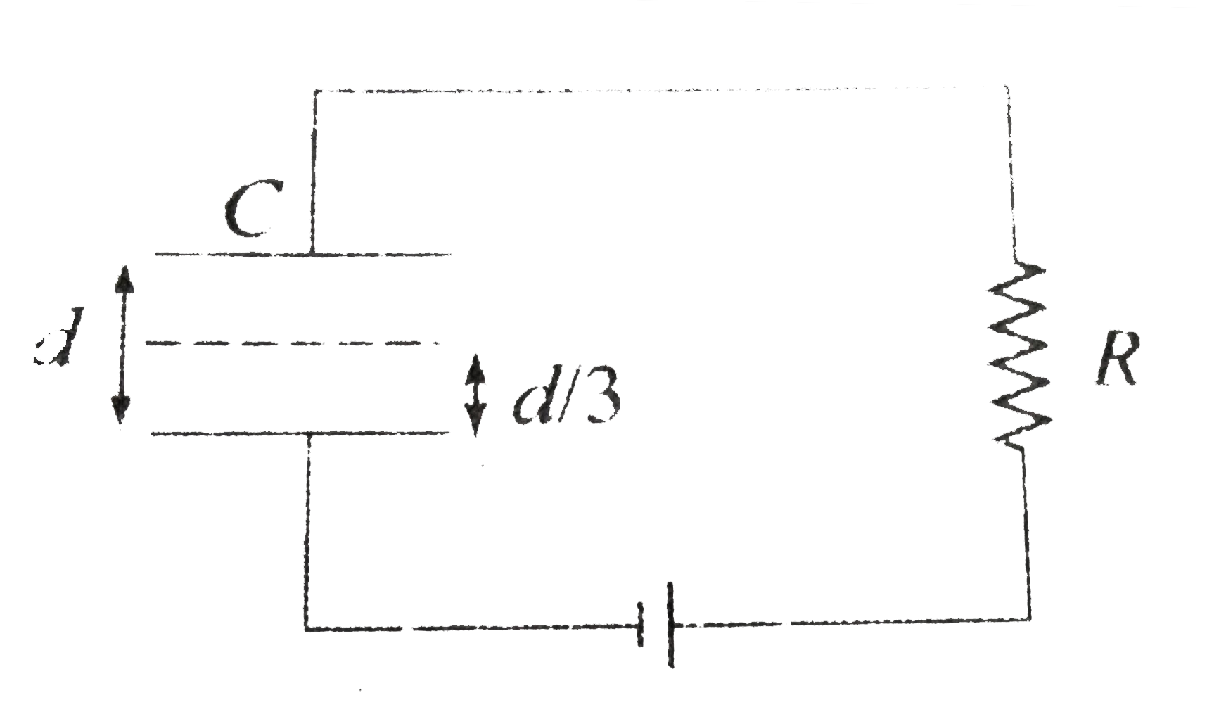 A parallel plate capacitor C with plates of unit area and separaion d is filled with a liquid of dielectric constant K = 2. The level of liquid is d//3 initially. Suppose the liquid level decreases at a constant speed V. the time constant as a function of time t is