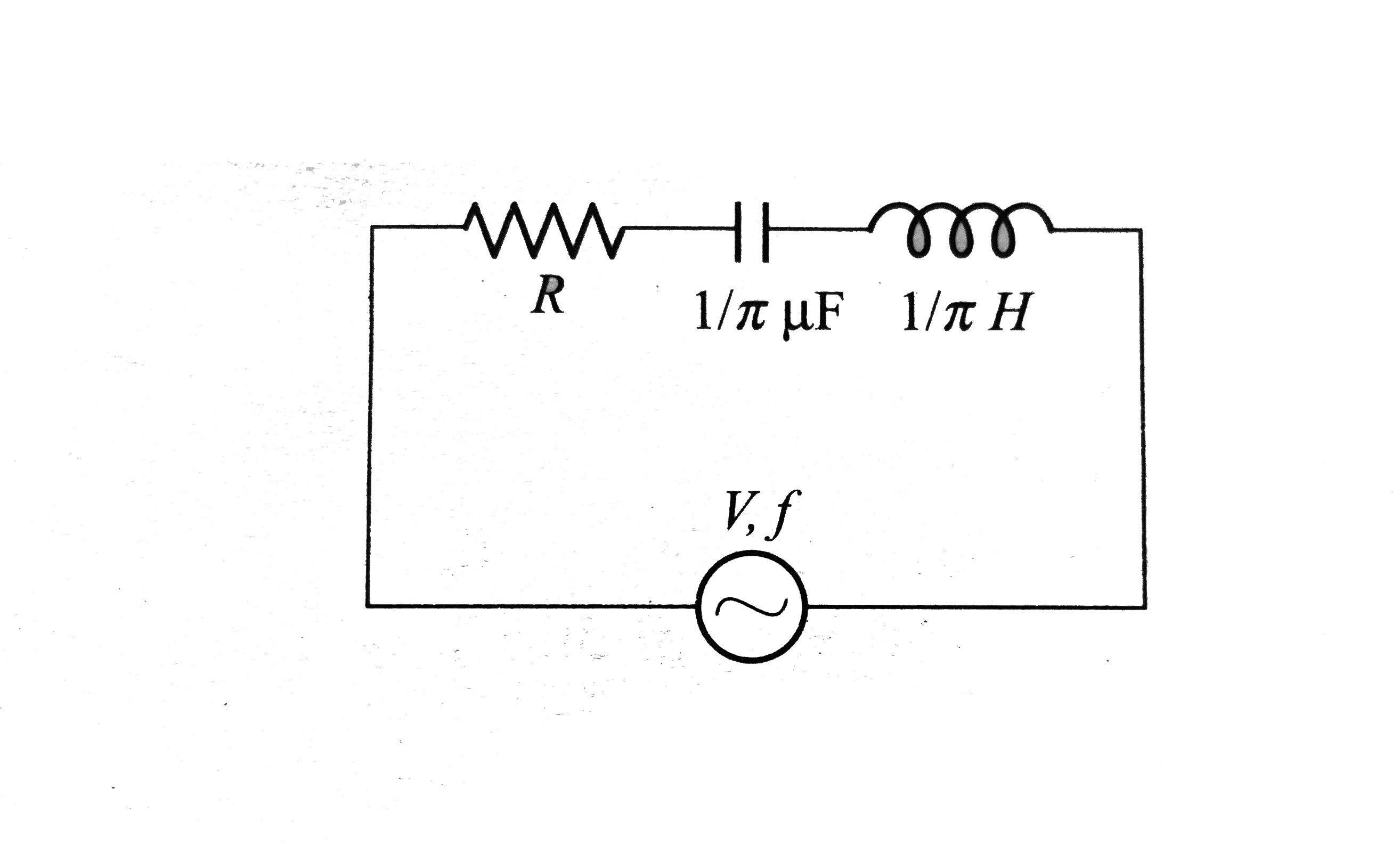 In an ac circuit shown in fig , the supply voltage has a constant rms value v but variable frequency f. At resonance, the circuit