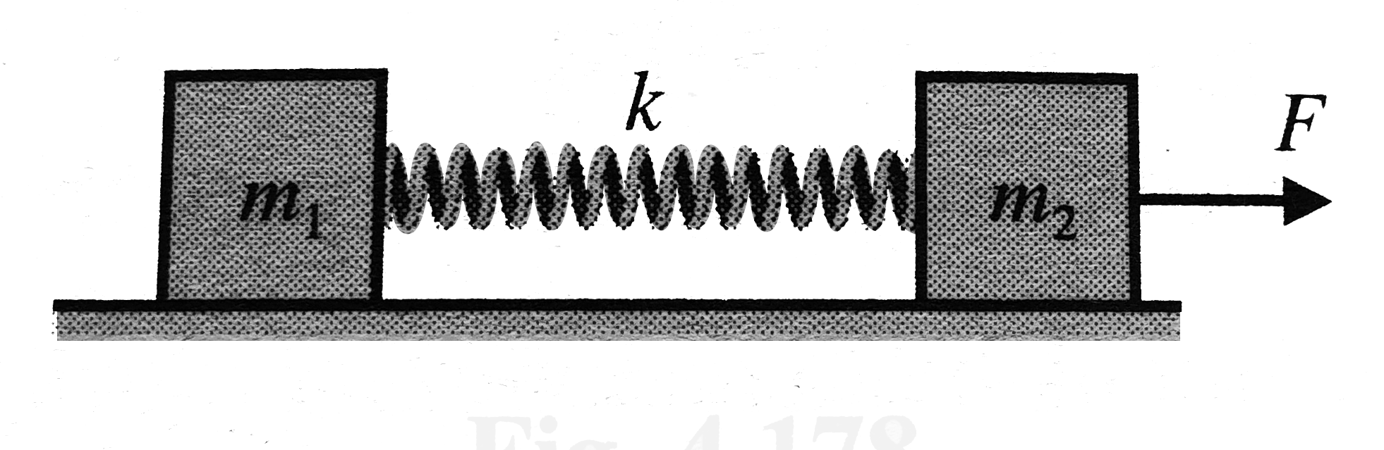 Two blocks connected by a spring rest on a smooth horizontal plane as shown in Fig. A constant force F start acting on block m2 as shown in the figure. Which of the following statements are not correct?