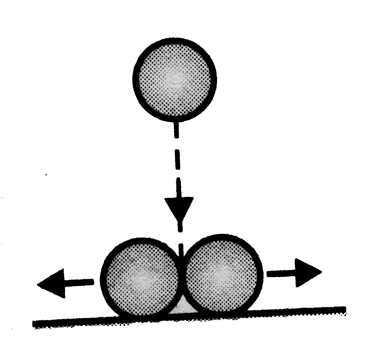 In the figure shown, the two identical balls of mass M and radius R each, are placed in contact with each other on the frictionless horizontal surface. The third ball of mass M and radius R//2, is coming down vertically and has a velocity = v(0) when it simultaneously hits the two balls and itself comes to rest. Then, each of the two bigger balls will move after collision with a speed equal to