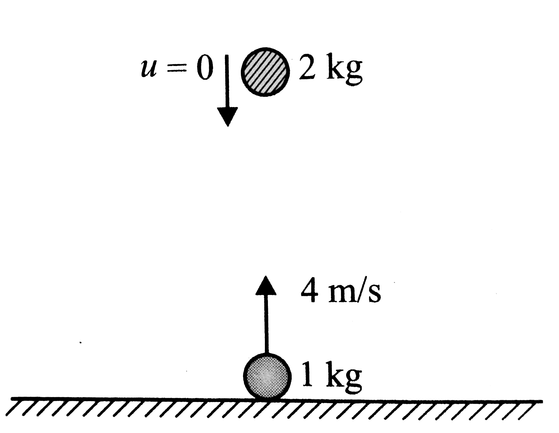 A ball of mass 1 kg is thrown up with an initial speed of 4 m//s. A second ball of mass 2 kg is released from rest from some height as shown in Fig. Choose the correct statement (s).