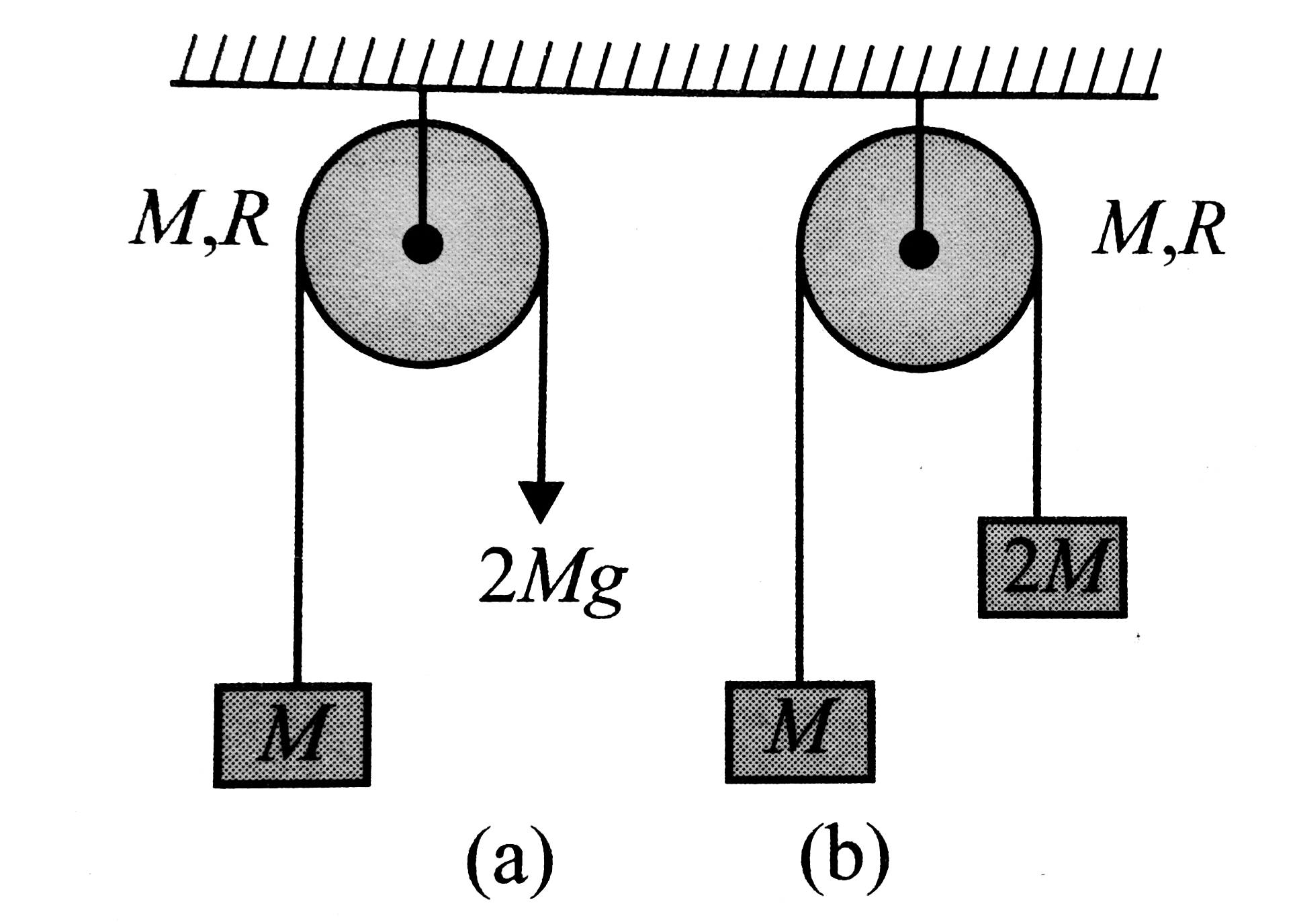 A cord is wrapped on a pulley (disk) of mass M and radius R as shown in Fig. To one end of the cord, a block of mass M is connected us shown and to other end in (a) a force of 2 Mg and in (b) a block of mass 2M. Let angular acceleration of the disk in A and B is alpha(A) and alpha(B), respectively, then (cord is not slipping on the pulley).
