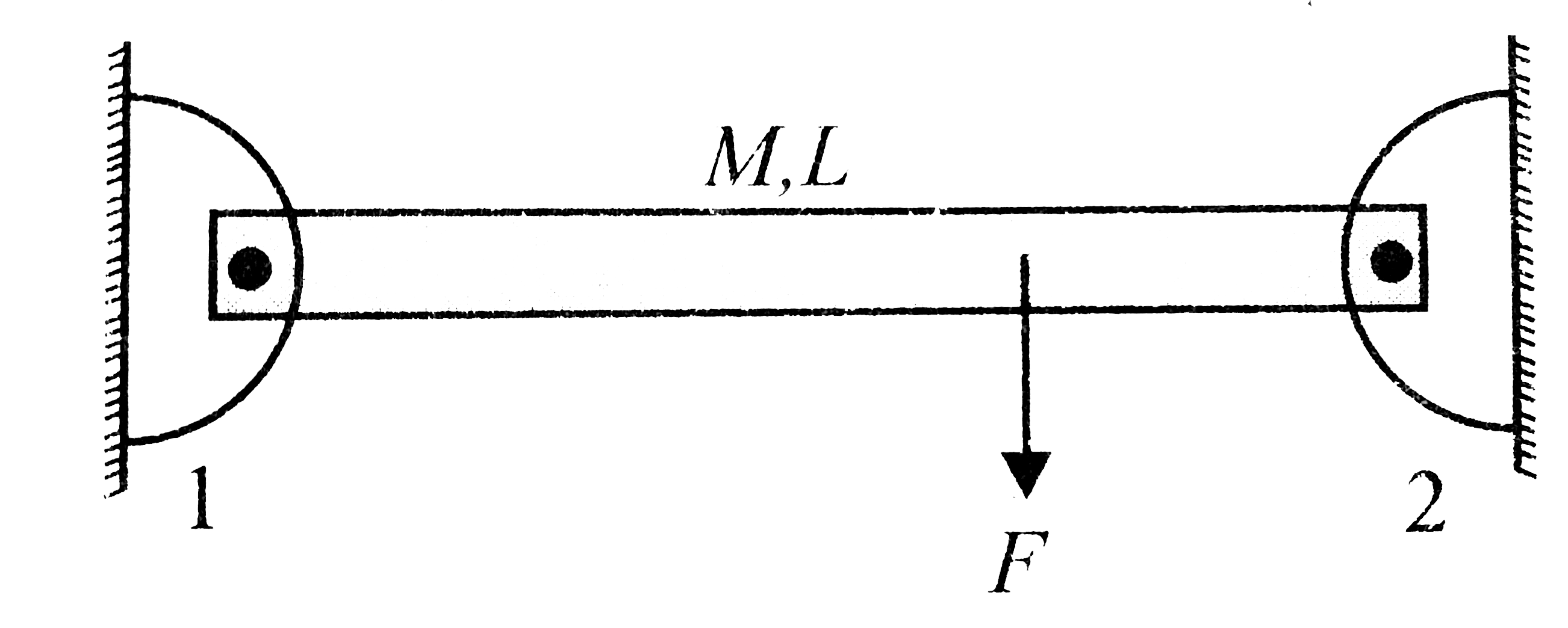 A uniform rod of mass M = 2 kg and length L is suspended by two smooth hinges 1 and 2 as shown in Fig. A force F = 4 N is applied downward at a distance L//4 from hinge 2. Due to the application of force F, hinge 2 breaks. At this instant, applied force F is also removed. The rod starts to rotate downward about hinge 1. (g = 10 m//s^(2))      The reaction at hinge 1, before hinge 2 breaks, is