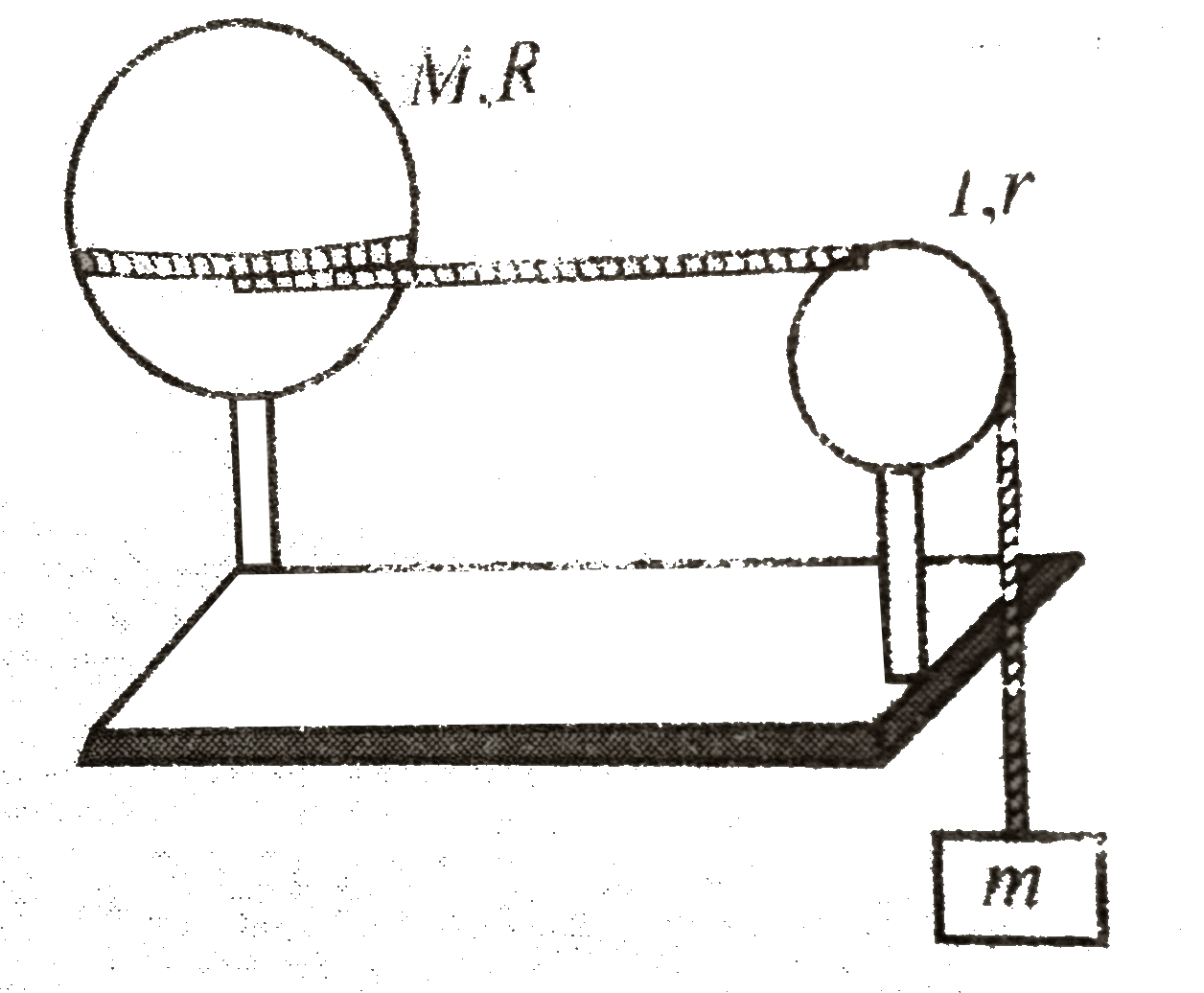 A uniform spherical shell of mass M and radius R rotates, about a vertical axis on frictionless bearing. A massless cord passes around the equator of the shell., over a pulley of rotational inertia I and radius r and is attached to small object of mass m that is otherwise free to fall under the influence of gravity. There is no friction of pulley's axle, the cord does not slip on the pulley. What is the speed of the object after it has fallen a distance h. from rest? Use work-energy considerations.