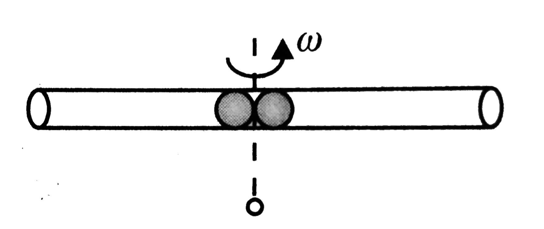 A smooth tube of certain mass is rotated in a gravity-free Space and released. The two balls shown in Fig move towards the ends of the tube. For the whole system, which of the following quantities is not conserved.