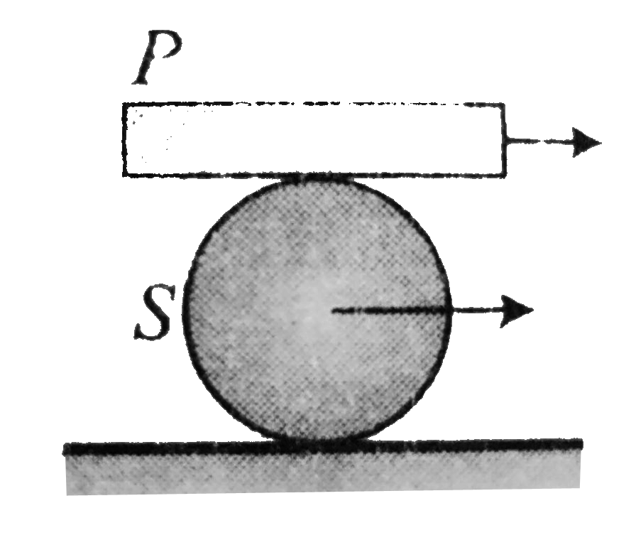 A plank P is placed on a solid cylinder S, which rolls on a horizontal surface. The two are of equal mass. There is no slipping at any of the surfaces in contact. The ratio of kinetic energy of P to the kinetic energy of S is:
