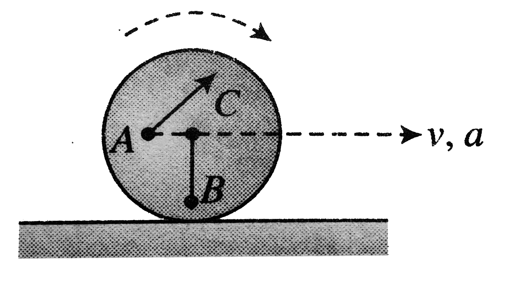 A uniform disc of mass 1 kg and radius 20 cm is rolling purely on a flat horizontal surface. Its centre C is moving with acceleration a = 20 ms^(-2) and velocity v =4 m//s at a certain instant. At this instant. points A and B are located on the disc as shown in the diagram, with AC = BC = 10 cm.     What is the acceleration magnitude of point A?