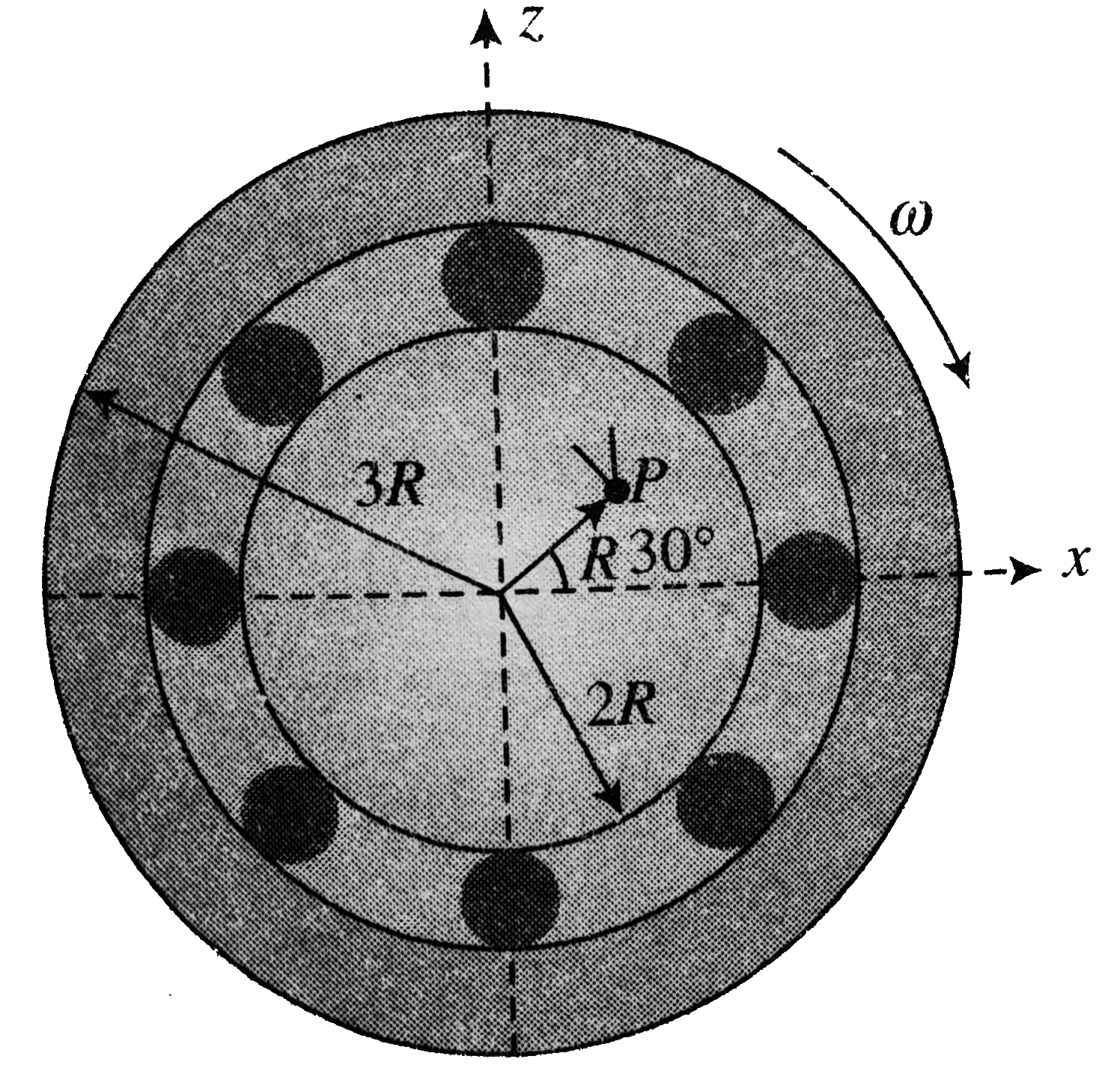 The figure shows a system consisting of (i) a ring of outer radius 3R rolling clockwise without slipping on a horizontal surface with angular speed co and (ii) an inner disc of radius 2R rotating anti-clockwise with angular speed omega//2. The ring and disc are separated by frictionless ball bearings. The system is in the x-z plane. The point P on the inner disc is at distance R from the origin, where OP makes an angled of 30^@ with the horizontal. Then with respect to the horizontal surface,