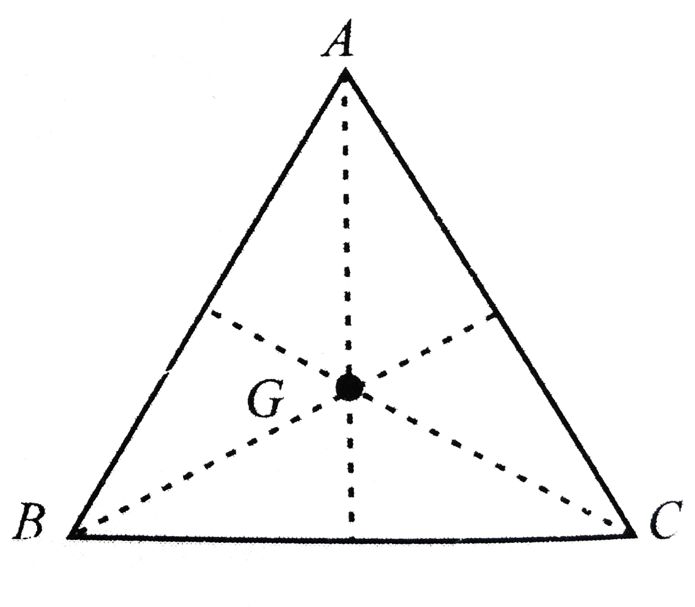 Three equal masses of m kg each are fixed at the vertices of an equilateral triangle ABC.   a. What is the force acting on a mass 2m placed at the centroid G of the triangle?   b. What is the force if the mass at the vertex A is doubled? Take AG=BG=CG=1m