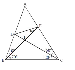 चित्र में (पैमाने से नहीं खींचा गया है), angle ABE = 10^(@), angle EBC = 70^(@), angle ACD = 50^(@), angle DCB = 20^(@), angle DEF = alpha हैं, तो tan alpha का मान बराबर है