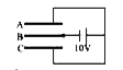 तीन प्लेट A, B एवं C प्रत्येक का क्षेत्रफल 0.1m^(2) को 0.885 mm से अलग किया गया है जैसा कि चित्र में दिखाया गया है। एक 10 V के बैटरी को निकाय को आवेशित करने के लिए उपयोग किया गया है। निकाय में संचित्र ऊर्जा है।