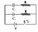 चित्र में दिए गए परिपथ में C(1)=2C(2) स्वीच को t=0 पर बंद किया गया। माना कि i(1) एवं i(2), C(1) एवं C(2) से प्रवाहित होने वाली t  समय पर विद्युत धारा है तो i(1)//i(2) है-