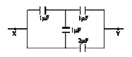 दिए गए चित्र में एक परिपथ में चार संधारित्र है। X एवं Y के मध्य प्रभावी धारिता ज्ञात करे।
