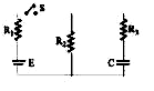 चित्र में दिखाए गए परिपथ में R(1)=R(2)=6R(3)=300MOmega, C=0.01muF एवं E=10V.t=0 पर स्वीच को बंद किया गया, ज्ञात करे।   (a) संधारित्र पर समय के फलन में आवेश   (b) t=20s पर संधारित्र की ऊर्जा