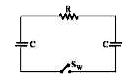 चित्र में दिए गए परिपथ में प्रत्येक संधारित्र की धारिता समान है एवं C प्रतिरोध R है। एक संधारित्र को V विभव तक आवेशित किया गया था एवं उसके बाद t=0 पर स्वीच S को बंद किया गया ज्ञात करे।   (a) t के फलन में परिपथ में विद्युत धारा।   (b) उत्पन्न ऊष्मा की मात्रा