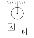 चित्र में दी गयी व्यवस्था में m(A) = 2 kg  एवं m(B) = 1 kg  है।  रस्सी हल्की एवं अविस्तार्य है।  दोनों गुटकों के द्रव्यमान केंद्र का त्वरण ज्ञात करों।  सभी जगह घर्षण नगण्य है।