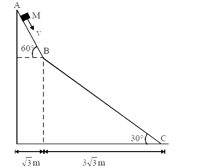 एक छोटा -सा गुटका, जिसका द्रव्यमान M है, एक घर्षरहित (frictionless)  नत समतल (inclined plane) पर गतिमान है। (चित्र देखे) बिंदु B पर नत समतल  का नतकोण अचानक 60^(@) से 30^(@) हो जाता है। गुटका शुरू में A पर विराम की अवस्था में है।  मान ले कि गुटके तथा नत समतल के बीच की टक्कर पूर्णतया अप्रत्यास्थ (inelastic)  है। (g = 10m//s^(2)).      दूसरे नत समतल को छोड़ने के तुरंत पहले, बिंदु C पर गुटके की गति है।