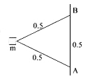 प्रत्येक l= 0.5m लम्बाई की दो डोरिया एक सिरे पर m=2kg  द्रव्यमान के एक ब्लॉक से जुडी है तथा इनके सिरे ऊर्ध्वाधर ध्रुव जो नियत कोणीय वेग omega=7 rad/sec से घूर्णन कर रही है पर दो बिंदु A व B एक दूसरे 0.5m से दुरी पर संयोजित है।  ऊपरी डोरी (T(1)) व निचली डोरी (T(2))में तनाव का अनुपात (T(1))/(T(2)) ज्ञात कीजिये । [Use g= 9.8 m//s^(2)]