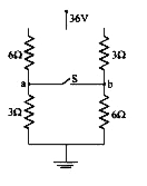 चित्र में प्रदर्शित विद्युत परिपथ में निम्न की ज्ञात कीजिए।    (i) यदि कुंजी S  खुली हो तो a तथा b बिन्दु के बीच विभवान्तर    (ii) यदि कुंजी S बंद हो तो S से प्रवाहित धारा।