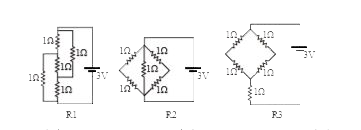 चित्र में तीन प्रतिरोध अभिविन्यास R(1),R(2) तथा R(3) को दर्शाया गया है जो 3V की बैटरी से जुड़े हुये है। यदि अभिविन्यास R(1),R(3) तथा R(3) द्वारा व्यतित ऊष्मा क्रमशः P(1), P(2) तथा P(3) है, तब चित्र :