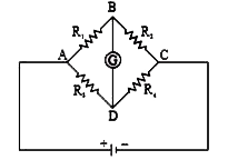 दिया गया चित्र प्रतिरोधों R(1), R(2), R(3) व R(4) के नेटवर्क को दर्शाता है।         किरचॉफ के नियम का प्रयोग करते हुये, नेटवर्क के लिये संतुलन स्थिति स्थापित कीजिये।