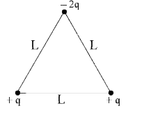 L भुजा वाले समबाहु त्रिभुज के कोनो पर तीन बिन्दु आवेश चित्रानुसार स्थित है।