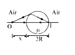 त्रिज्या R तथा अपवर्तनांक mu वाले पारदर्शी गोले को चित्र में दर्शाया है तथा एक वस्तु प्रथम सतह के ध्रुव से x दूरी पर रखी जाती है। ताकि एक वास्तविक प्रतिबिम्ब ठीक दूसरी सतह के ध्रुव पर बनता है।      यदि x =2R तो mu का मान ज्ञात करो।