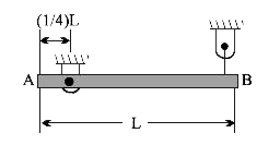 L लम्बाई व m द्रव्यमान की एक समान छड़ (beam) दर्शाए अनुसार व्यवस्थित है। यदि धागा अचानक टुट जाए, तो ज्ञात कीजिए।   (a) सिरे B का त्वरण   (b) किलकित पर प्रतिक्रिया