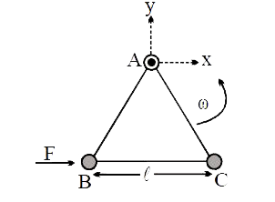 m द्रव्यमान के तीन कण A,B तथा C एक दूसरे से तीन द्रव्यमानहीन छड़ो से जुड़े हुए है। जो l भुजा वाले एक दृढ़ समबाहु त्रिभुज पिण्ड का निर्माण करते है। यह पिण्ड क्षैतिज घर्षणहीन टेबल पर रखा हुआ है तथा यह बिन्दु A पर कंसा हुआ है ताकि यह A से उर्ध्वाधर अक्ष के परिता बिना घर्षण के गति कर सकती है। पिण्ड को omega नियत कोणीय वेग से A के सापेक्ष टेबल पर घूर्णन गति करने के लिये व्यवस्थित किया जाता है।       (a) वस्तु पर हिंज द्वारा लगाया गया क्षैतिज बल का परिमाण ज्ञात कीजिए।   (b) समय T पर, भुजा BC x अक्ष के समान्तर है, BC के अनुदिश B पर एक बल F आरोपित किया जाता है। T समय पश्चात् वस्तु पर हिंज द्वारा लगाया गया बल का x-घटक व y= घटक प्राप्त कीजिए।