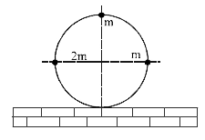 m द्रव्यमान व R त्रिज्या की एक वलय से तीन कण चित्र में दर्शाए अनुसार जुड़े हुए है। वलय का केन्द्र v0 चाल रखता है। निकाय की गतिज ऊर्जा ज्ञात कीजिए। (फिसलन अनुपस्थित है)