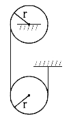 दो एकसमान बेलन, प्रत्येक m = 10kg तथा त्रिज्या r = 150 mm दर्शाए अनुसार एक खुरदरी बेल्ट द्वारा संयोजित है। यदि निकाय विरामावस्था से मुक्त किया जाता है, तो ज्ञात कीजिये-   (a) बेलन A के केन्द्र का वेग इसके 1.2 m गति करने के पश्चात् तथा   (b) दो बेलनो से जुड़ी बेल्ट के भाग में तनाव