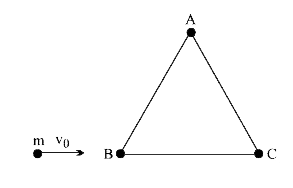 प्रत्येक m द्रव्यमान के तीन कण A, B,C, a भुजा वाले समबाहु त्रिभुज के रूप में द्रव्यमानहीन छड़ो द्वारा एक दूसरे से जुड़ी हुई । m द्रव्यमन का दूसरा कण BC के अनुदिश निर्देशित v0 वेग से दर्शाए अनुसार टकराता है। टकराने वाला कण टक्कर के पश्चात् तुरन्त रूक जाता है।   (i) त्रिभुज ABC के आधा चक्र पूर्ण करने में इसकी क्रमागत गति में लिये समय की गणना कीजिए।   (ii)  समय अन्तराल के दौरान बिन्दु B का कुल विस्थापन क्या होगा ?