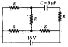 In the circuit shown, the cell is deal, with emf, = 15V. Each resistance R is of 3 Omega. The potential difference across the capacitor of capacitance 3 mu F  is