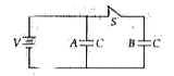 Figure shows two identical parllel capacitors connected to a battery with the switch S closed. The switch is now opened and the free space between the plates of the capacitors is filled with a dieleletric fo dieletric constant (or relative permitivity) 3. FInd the ratio of the total electrostatic energy stored in both capacitors before and after the introduction of the dielectric.